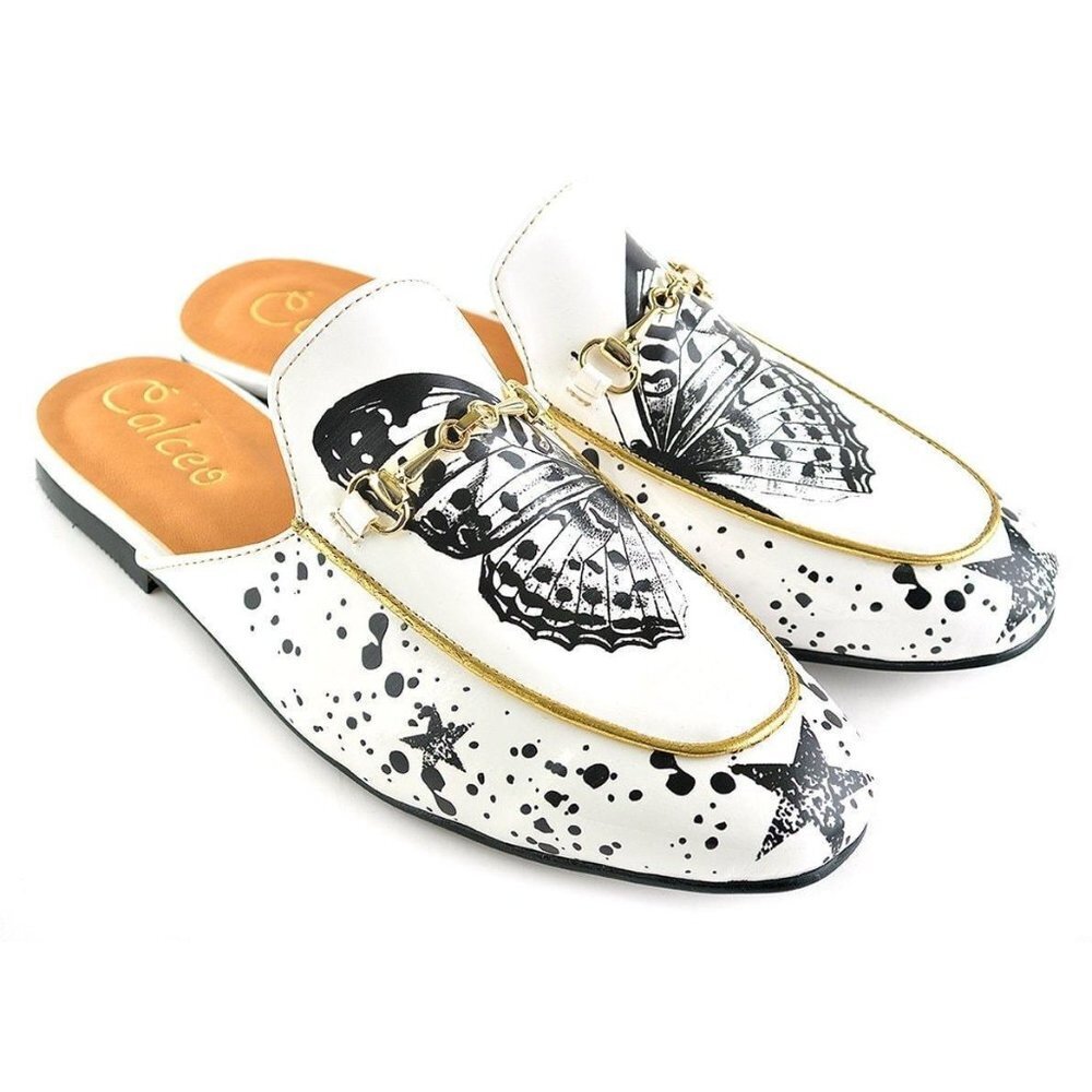 Calceo Black & White Butterfly Print Horsebit Slip On Loafer Shoes Size …